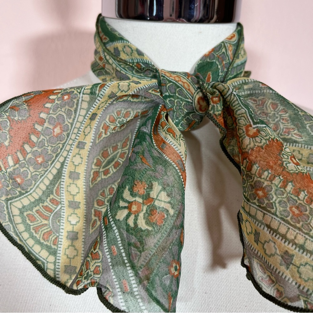 Vintage 1960 70 MCM Mod Avocado green Paisley semi sheer Bow Neck scarf Cravat